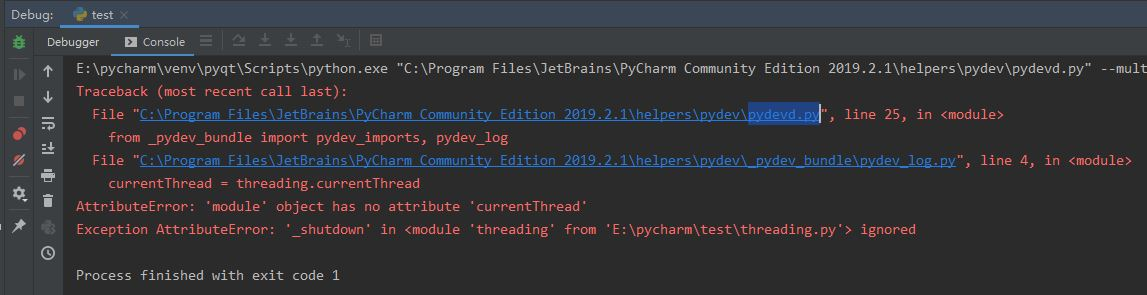 python pydevd.py exception